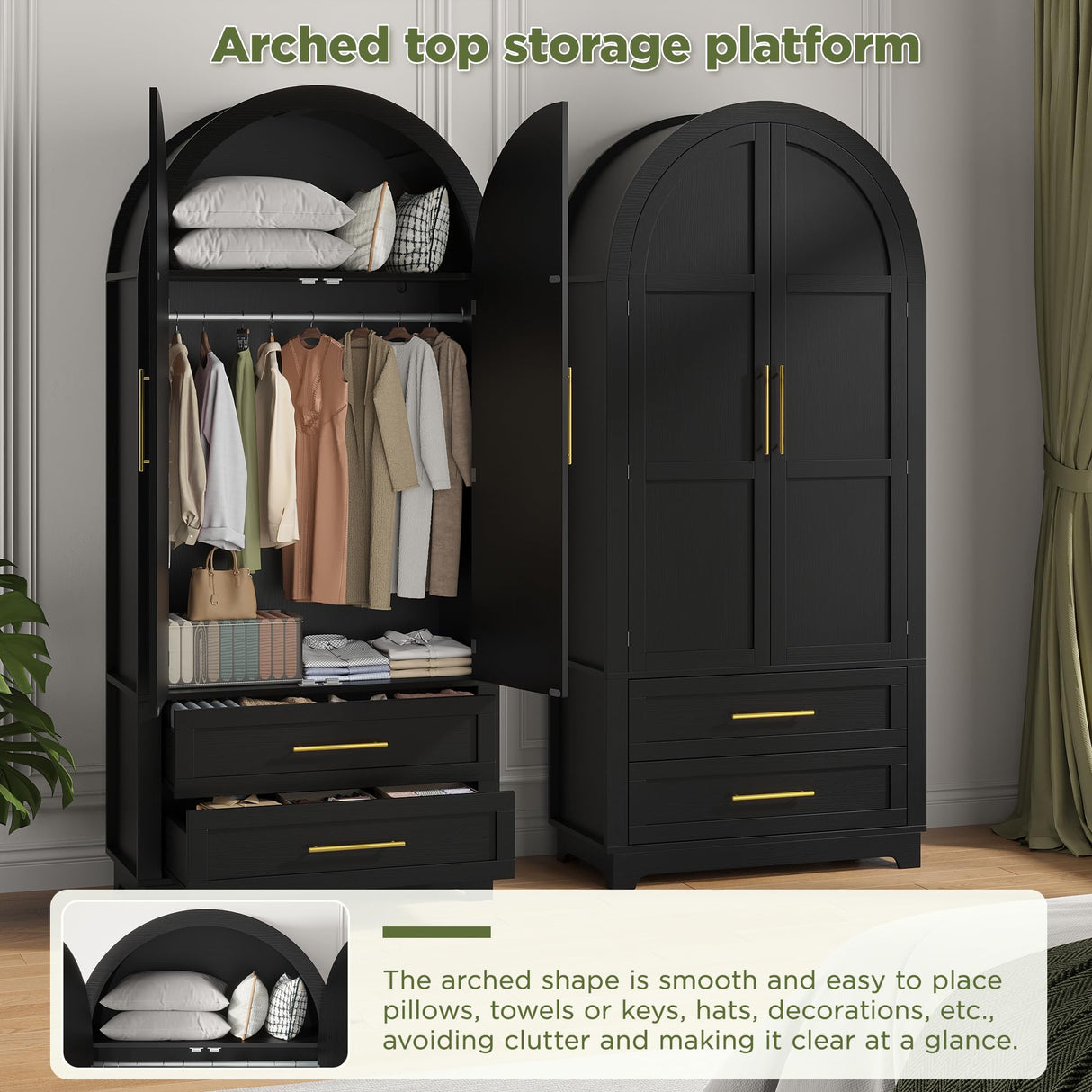 Maupvit Wardrobe Closet, Modern Armoire Wardrobe Closet with 2 Drawers and Arched Doors, 73" Tall Wooden Bedroom Armoires with Shelves and Hanging Rod, Black Maupvit