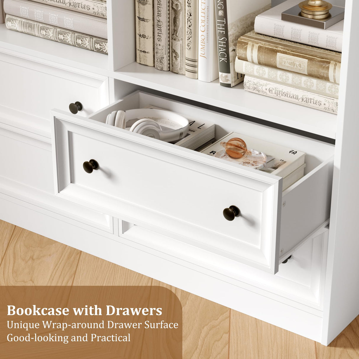 FINETONES 71" Tall Bookshelf with 4 Drawers, 6-Tier Double Wide Bookshelf and Bookcase with Storage, White Bookshelf Large Open Bookshelf Standing Book Cabinet for Home Office, White FINETONES