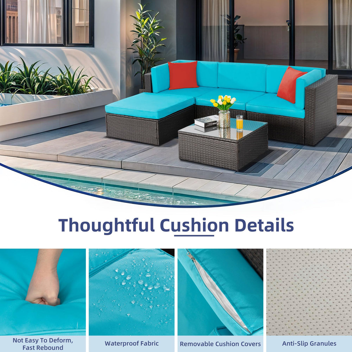 Vongrasig 5 Piece Furniture Sets, All-Weather Brown PE Wicker Outdoor Couch Sectional Small Patio Conversation Garden Sofa Set w/Ottoman, Glass Table, Blue Vongrasig