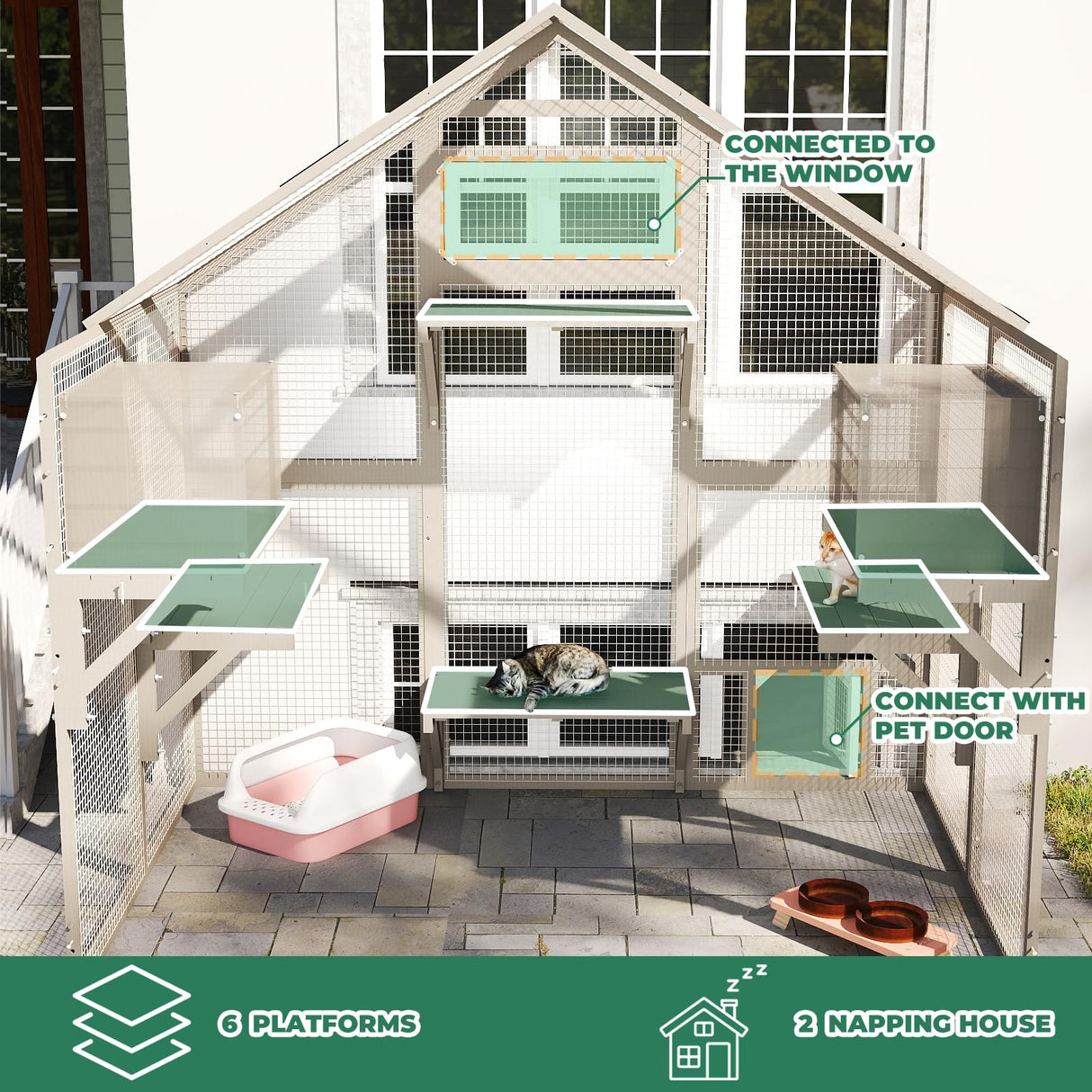 71" H Catio Outdoor Cat Enclosure Weatherproof, Large Walk-in Cat House Attached Window for Multiple Cats, Waterproof Cat Cage Kitty Enclosure Outside with 2 Condos, 6 Platforms Magazoopet