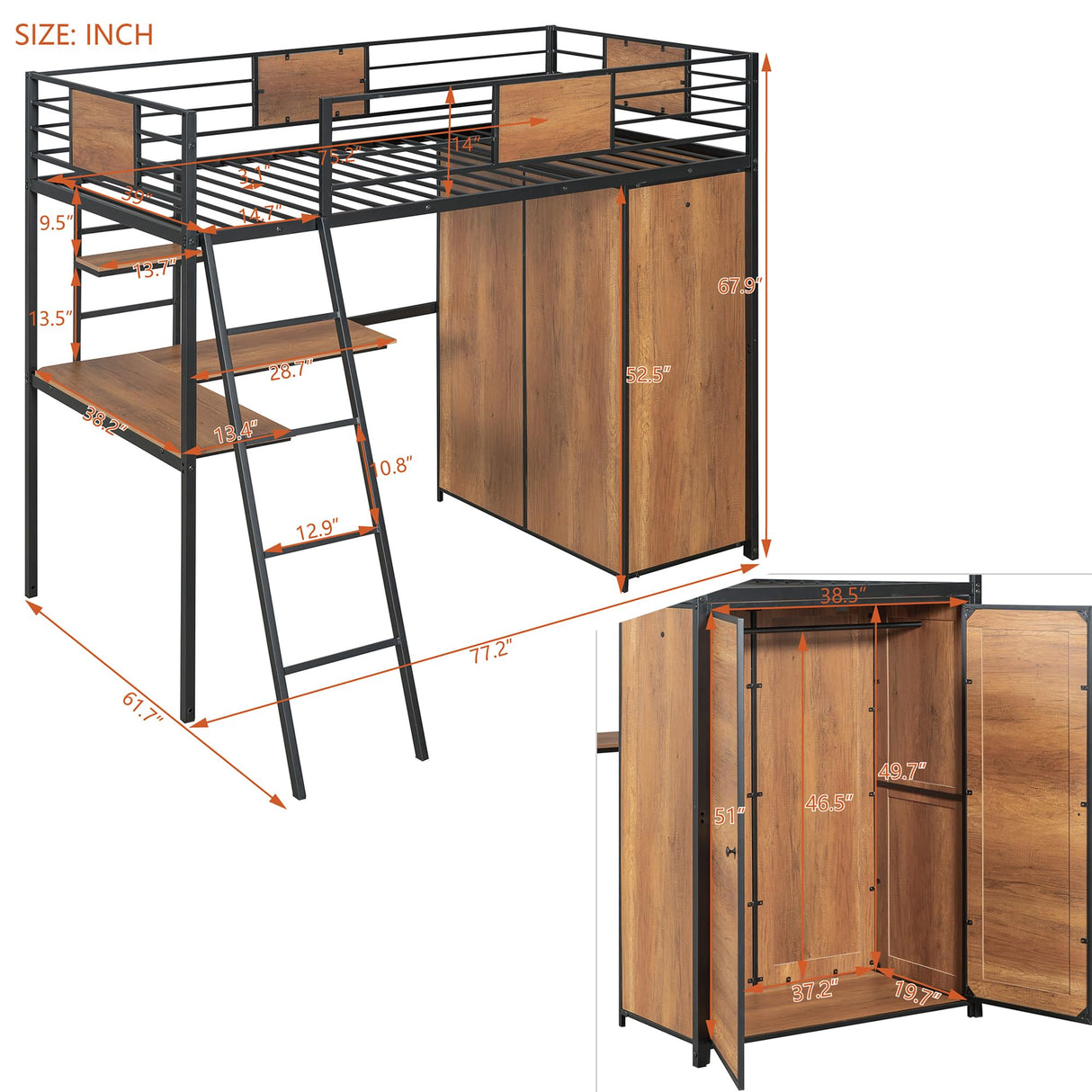 Twin Loft Bed with Desk and Storage Shelf, Twin Size Loft Bed with Wardrobe and L-Shaped Desk, Heavy Duty Loft Bed with Ladder and Guardrail(Twin Loft Bed Black) Bellemave