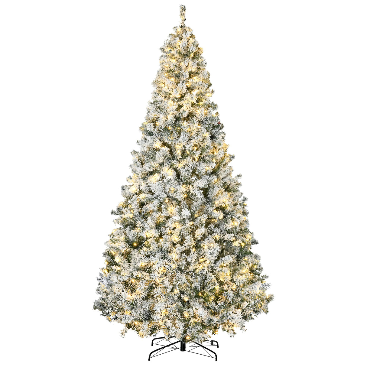 HOMCOM 9ft Tall Prelit Artificial Christmas Tree Holiday Décor with 1868 Snow Flocked Branches, 600 Warm White LED Lights, Auto Open, Green HOMCOM