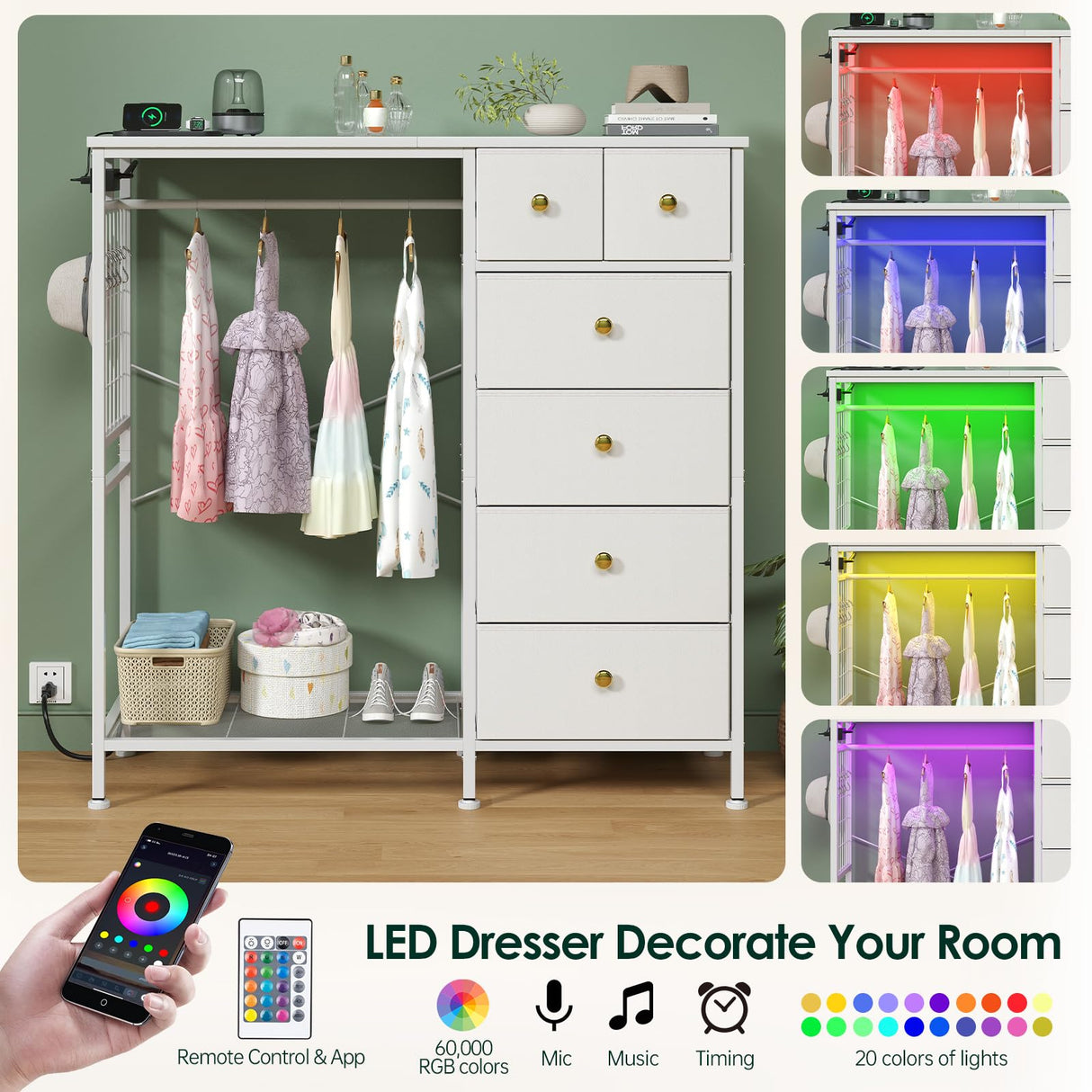 OtterOasis 47.2" White Dresser with Hanging Rack, 2 in 1 Bedroom 6 Drawers Dresser with LED Lights & Charging Station, Wooden Dressers with Fabric Drawers and Clothing Rack for Girls, Kids OtterOasis