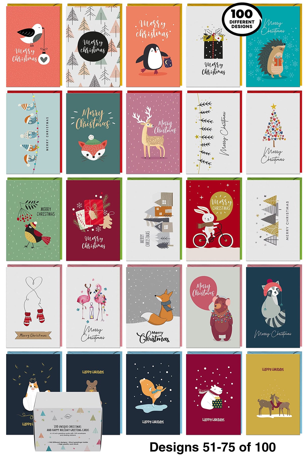 Dessie 100 Unique Modern Christmas Cards with Envelopes and Matching Sealing Stickers. Happy Holiday Cards with Short Greetings Inside. Bulk Christmas Cards Boxed with Envelopes Dessie