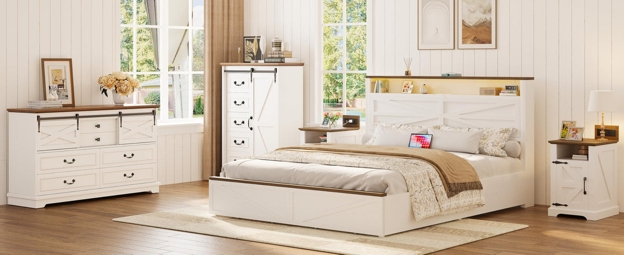 IRONCK 5 Drawers Dressers for Bedroom, Farmhouse Dresser Chest of Drawer with Sliding Barn Door,48” Tall Dresser Storage Organizer for Living Room, Entryway, White/Walnut IRONCK