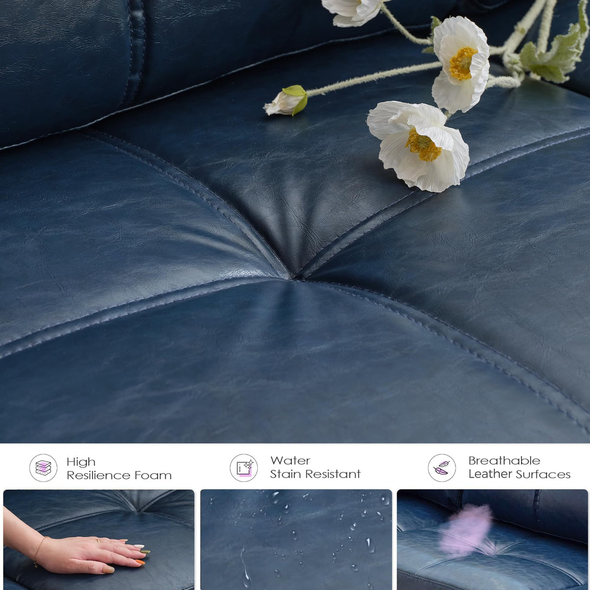 TYBOATLE 88" W Faux Leather Couch w/Side Pockets, Mid-Century Modern Tufted Comfy Leather Couches w/USB and Wider Arms, 3 Seater Sofa for Office, Apartment, Bedroom, Blue (Blue, 3 Seater) TYBOATLE