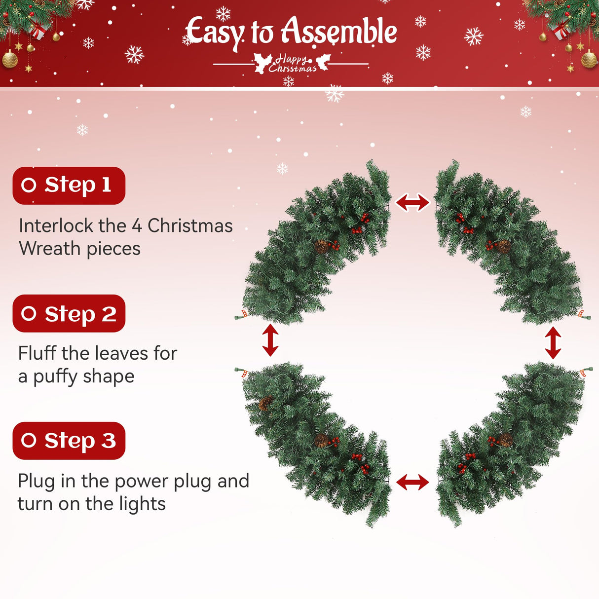 Prelit Christmas Wreath 48 Inches Large Outdoor Christmas Wreath 162 Warm White LED Lights, Artificial Lighted Christmas Wreath Winter Wreath with 460 PVC Tips Vivid Pine Cones and Berry Clusters Abbrevi