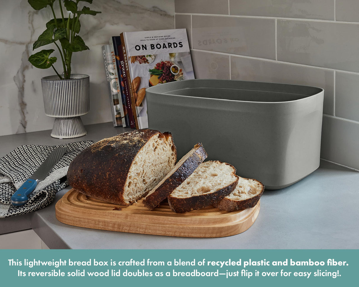 Sonder Los Angeles, Modern Bamboo Fiber (Charcoal) Bread Box for Kitchen Countertop with Reversible Wood Serving Lid, Homemade Bread Storage 14.25 x 9.25 x 7in, Storage Bin and Bread Container Sonder Los Angeles