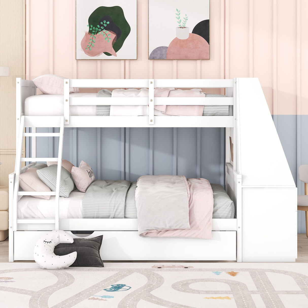 Bellemave Twin Over Full Bunk Bed with Trundle, Desk, Storage Drawers & Shelf in White Bellemave