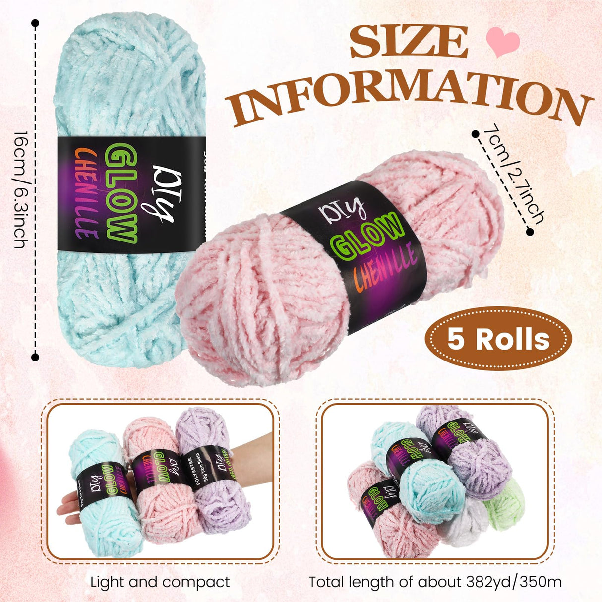 Fanfanwin 5 Rolls Glow in The Dark Chenille Yarn Luminous Crochet Yarn Glow Sewing Craft for DIY Arts Crafts Halloween Knitting Sewing Crocheting Supplies, 76.5 Yard Per Roll Fanfanwin