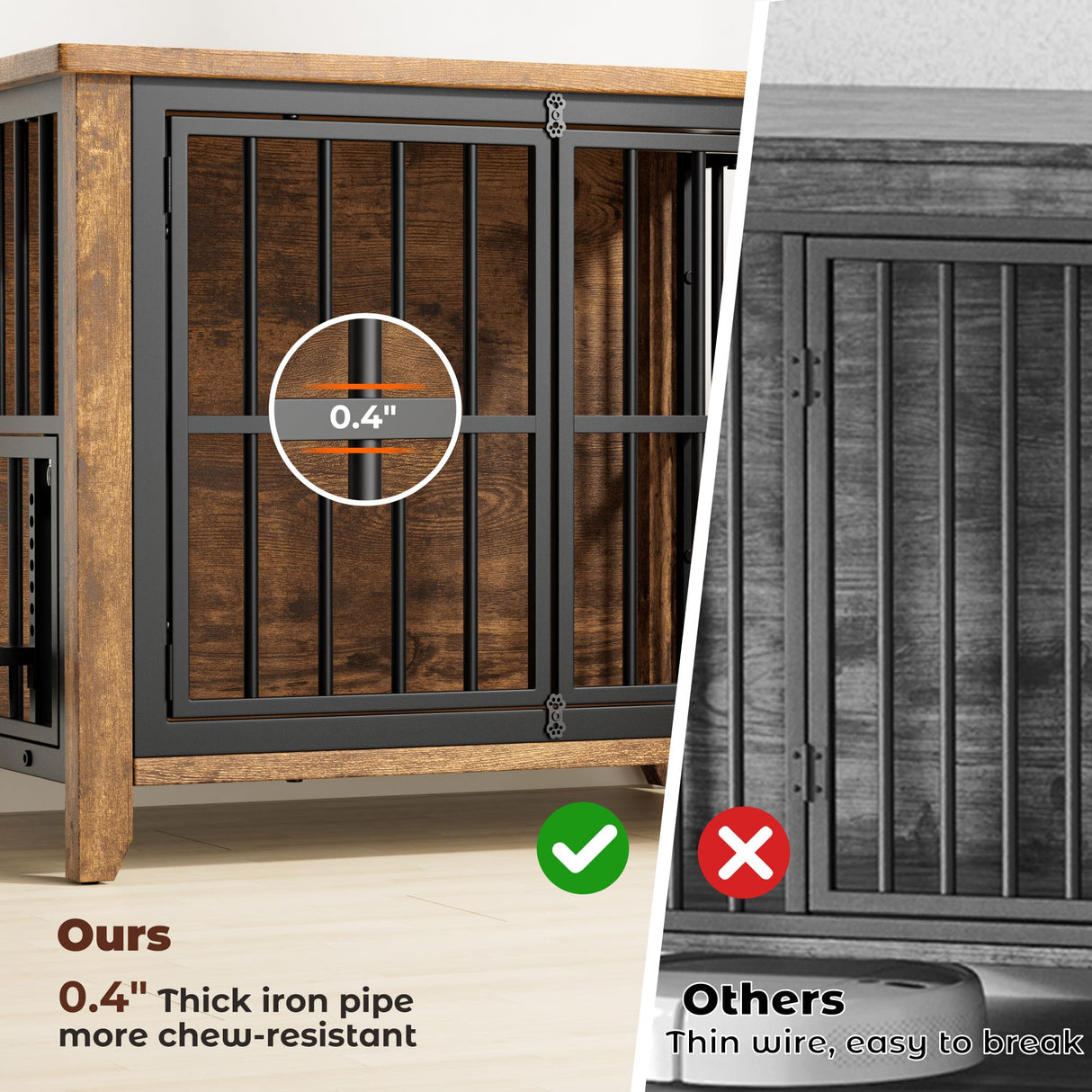 Lulive Dog Crate Furniture, Wooden Dog Kennel Indoor with Adjustable 360°& Height Dog Bowls, Double Doors Furniture Dog Crates End Table for Small/Medium 31.5" L*22.5" W*25.6" H, Brown Lulive