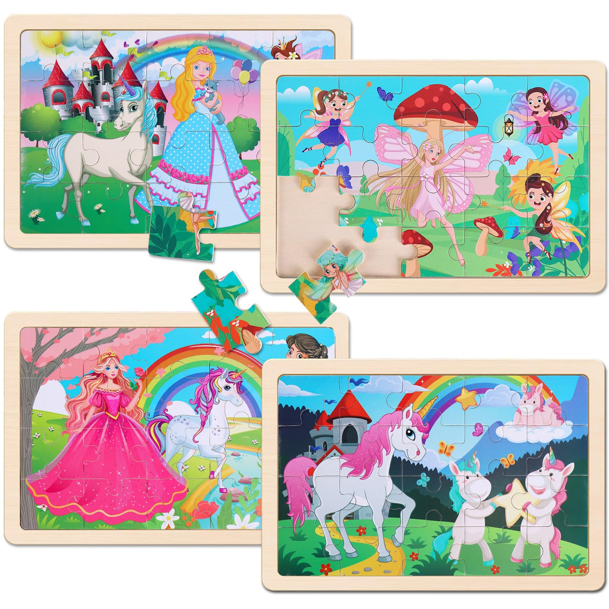 Wooden Educational Jigsaw Puzzles for Preschool Kids Ages 3-5, 4-Pack with 20 Pieces Unicorn Princess Wood Puzzles Set, Toddler Brain Teaser Toys, Preschool Gifts for Boys Girls Ages 3 4 5 6 NASHRIO