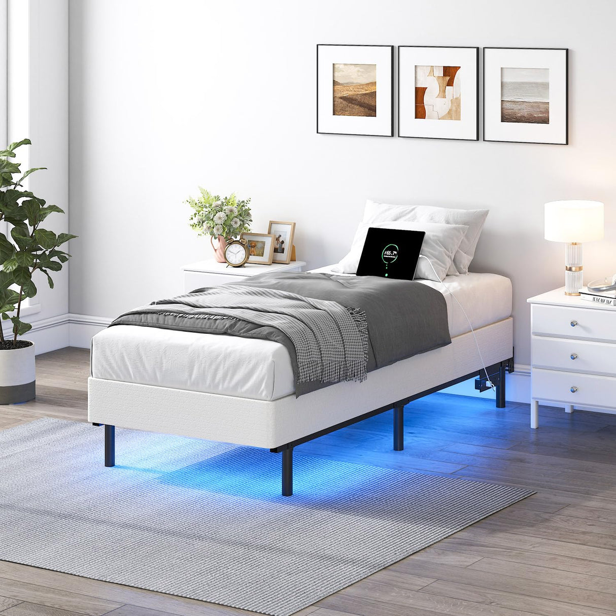 QEROMY Twin Bed Frame for Box Spring, 7 Inch Metal Bed Frame with LED Lights, 9-Legs Support Bed Base, Tool-Free Easy Assembly QEROMY