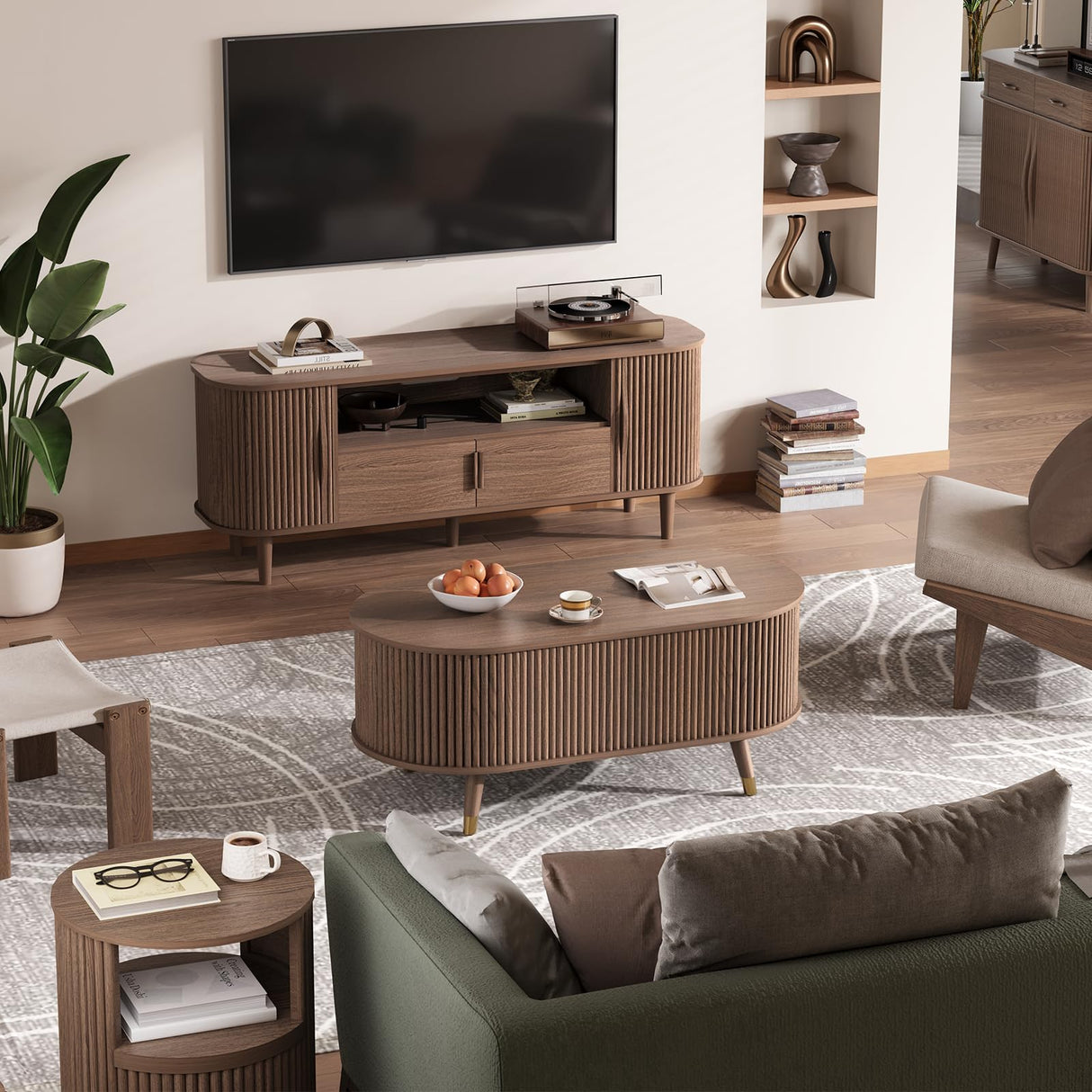 JOINICE 42.5" Oval Lift Top Coffee Table with Storage, Mid Century Modern Walnut Center Table with Fluted Design, Solid Wood Legs & Hidden Compartment, Pop Up Cocktail Table for Living Room JOINICE