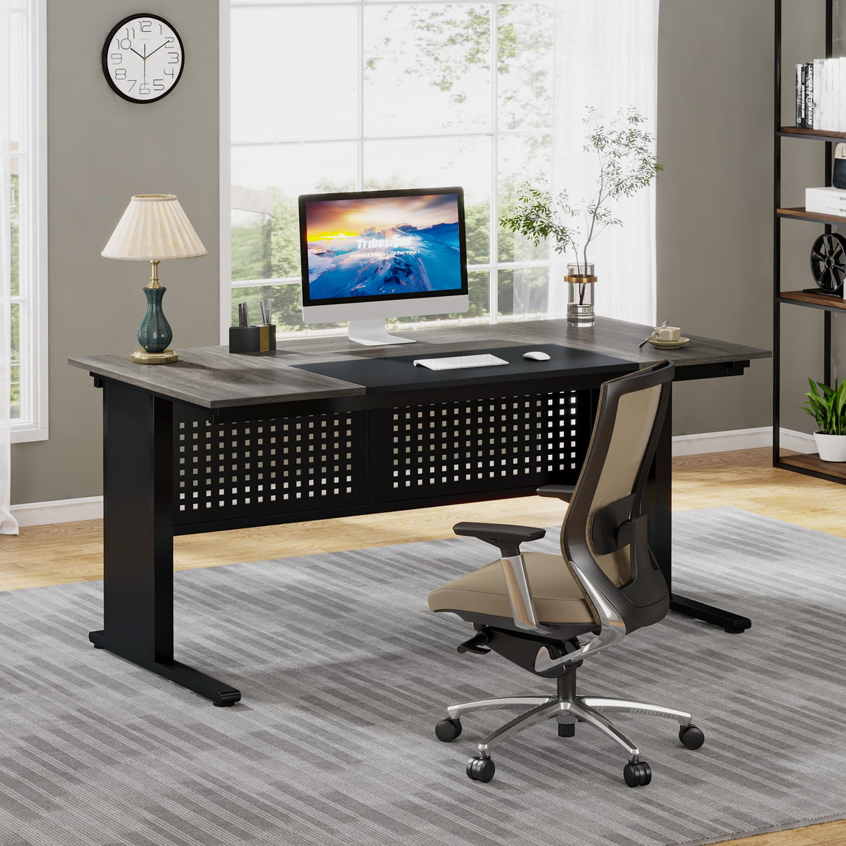 Tribesigns 63 Inch Executive Desk with File Cabinet, Large Office Desk L Shaped Computer Desk with Drawers and Storage Shelves, Business Furniture Desk Workstation for Home Office, Gray and Black Tribesigns