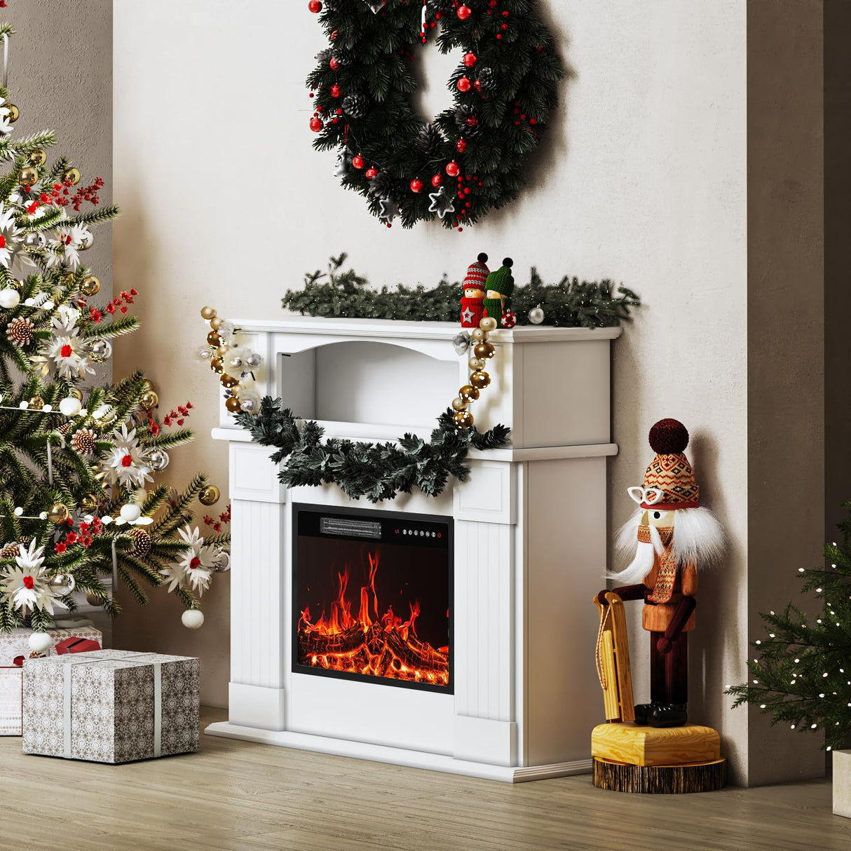BOSSIN 43" Electric Fireplace with Mantel, 23 inch Electric Fireplace Insert, Freestanding TV Stand with Fireplace Heater,Wooden Surround Firebox Faux Log & Led Flames, Remote Control,750W/1500W White BOSSIN