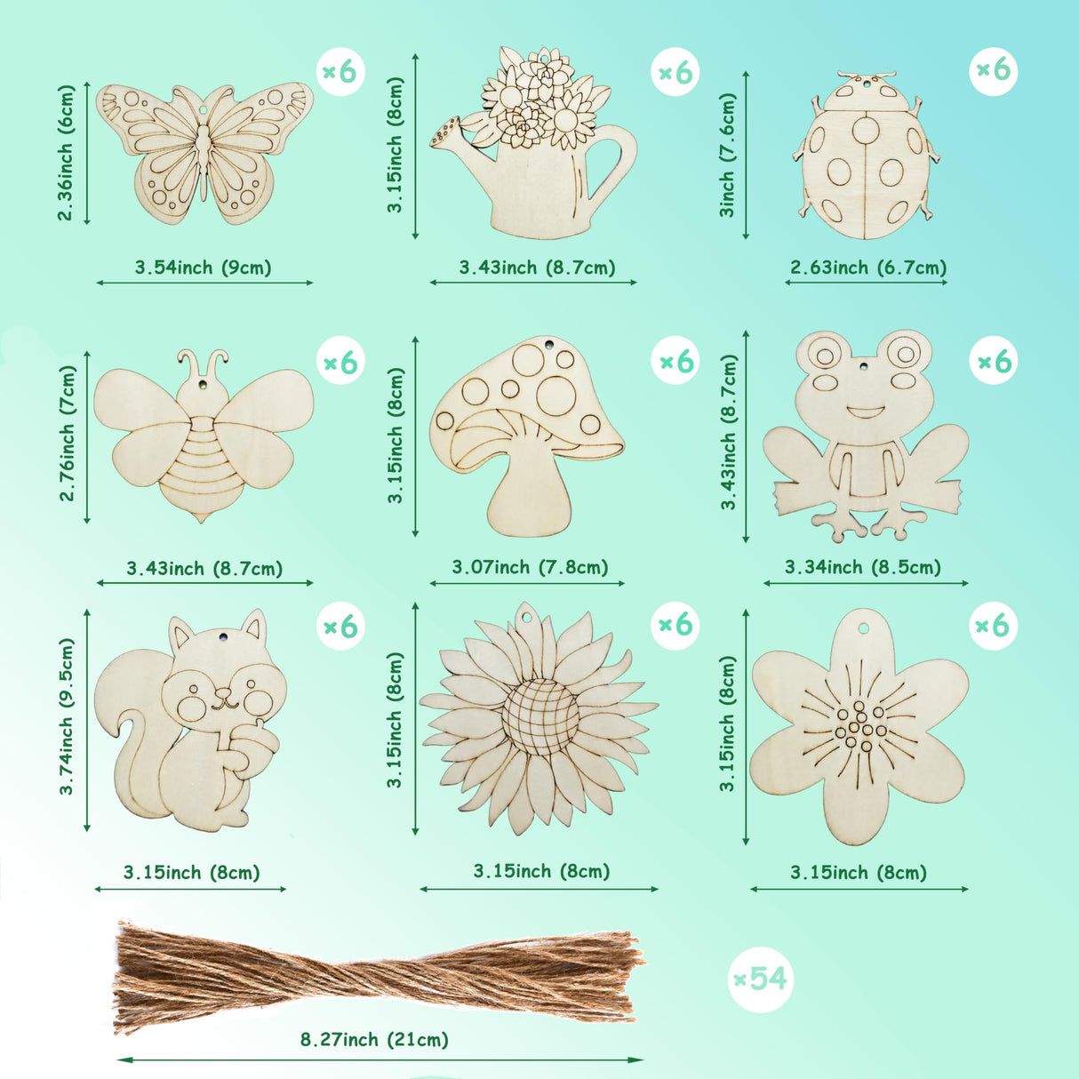 BENIMUS 54 Pcs Wooden Spring Ornaments to Paint, DIY Unfinished Wood Slices Flower Cutouts Butterfly Ornament for Art Crafts with 9 Styles, DIY Wooden Ornaments Hanging Decorations Kit BENIMUS