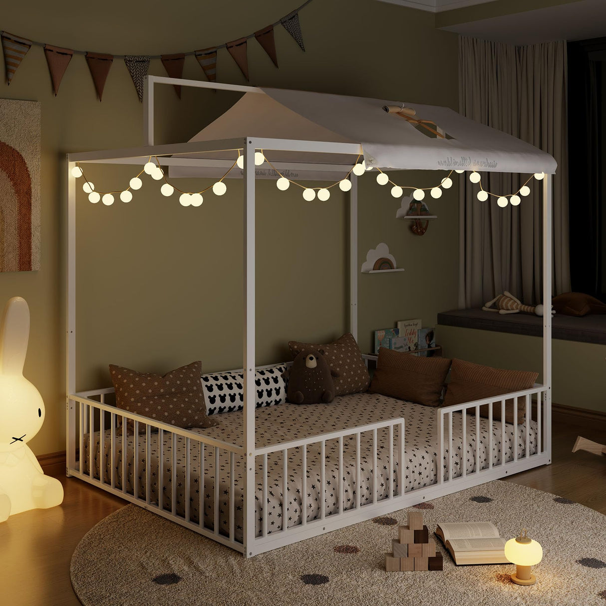 Klwenas Maec White Montessori Floor Bed Frame Full Size, 3-in-1 Convertible Metal Canopy Bed Frame with Fence & Sturdy Metal Slats Support for Boys Girls Bedroom,Easy Assembly (White, Full) Klwenas Maec