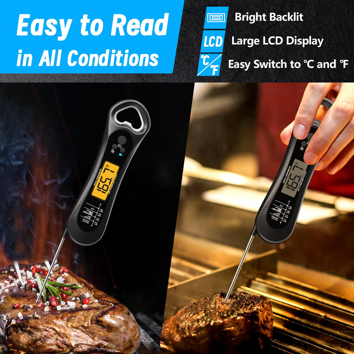 Meat Thermometer Digital, Instant Read Meat Thermometer for Grill and Cooking, with Bottle Opener, Backlight & Calibration Food Thermometer, Kitchen Gadgets for BBQ, Turkey, Candy, Liquids Biison
