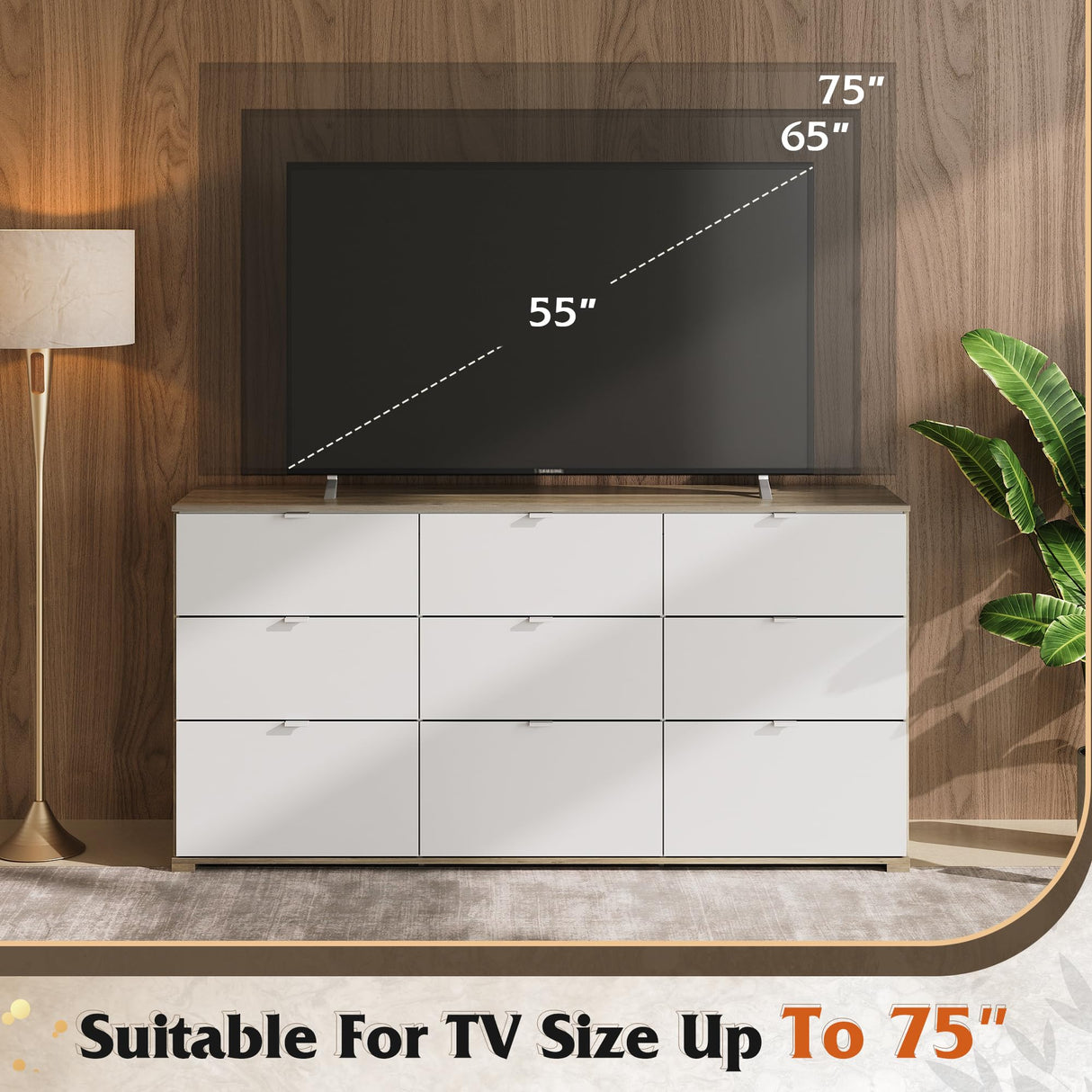 WLIVE 9 Drawer Dresser for Bedroom, 63" Wide Large Wood Chest of Drawers Organize with Sturdy Metal Handle, Modern Dresser for TV Stand, Living Room Office, Hallway, Ball Bearing Slide, Grey Oak WLIVE