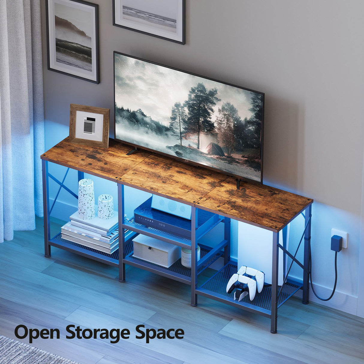 JARHETUN TV Stand with LED Lights for 55 Inch TV, Entertainment Center with 3-Tier Open Shelves, TV Console Table for Living Room, Bedroom, Rustic Brown JARHETUN