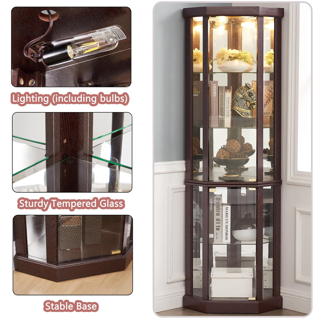 lunhung 69" H Corner Curio Cabinet with Light, Corner Glass Display Showcase with Adjustable Shelves & Glass Doors, Wooden Accent Storage Curio Storage Rack for Living Room (Dark Cherry) lunhung
