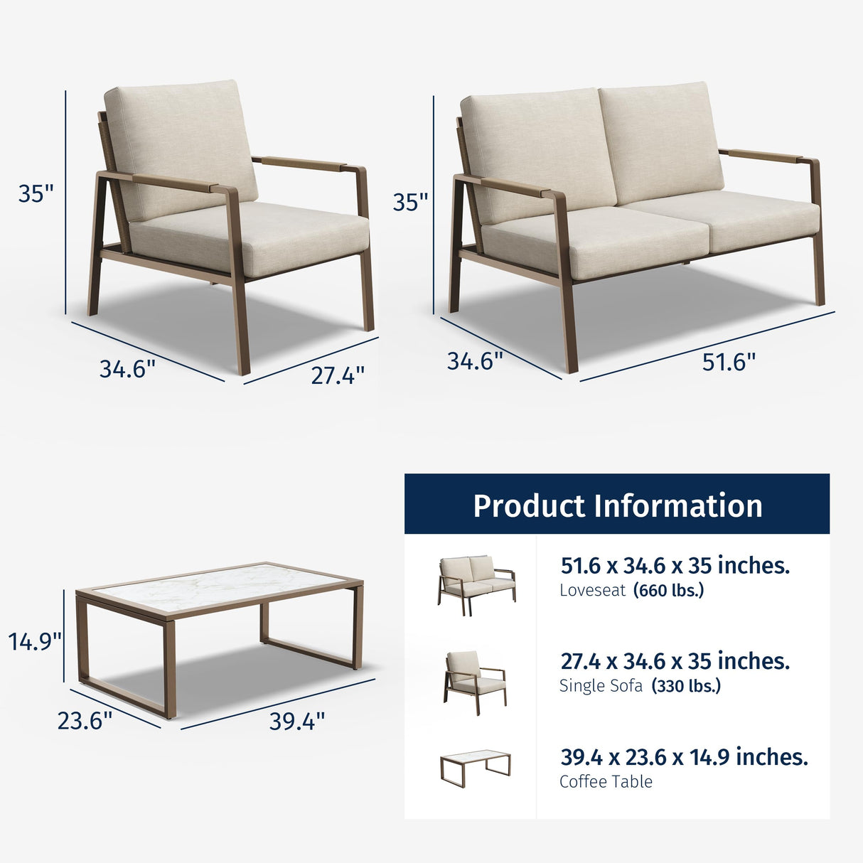 EAST OAK 4-Piece Patio Furniture Set, Outdoor Furniture Set with Thick Cushion,Waterproof Patio Conversation Set for 4, Woven Armrests Loverseat and Table for Backyard, Creamy Apricot EAST OAK