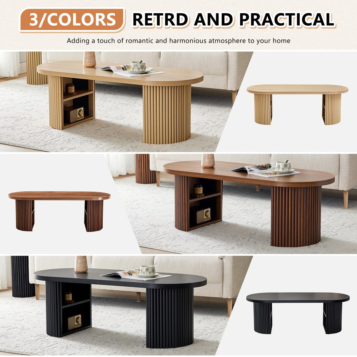 Oval Fluted Coffee Table, 47" Farmhouse Wood Coffee Table Mid Century Modern Center Table Boho Living Room Tables for Living Room Office,Natural