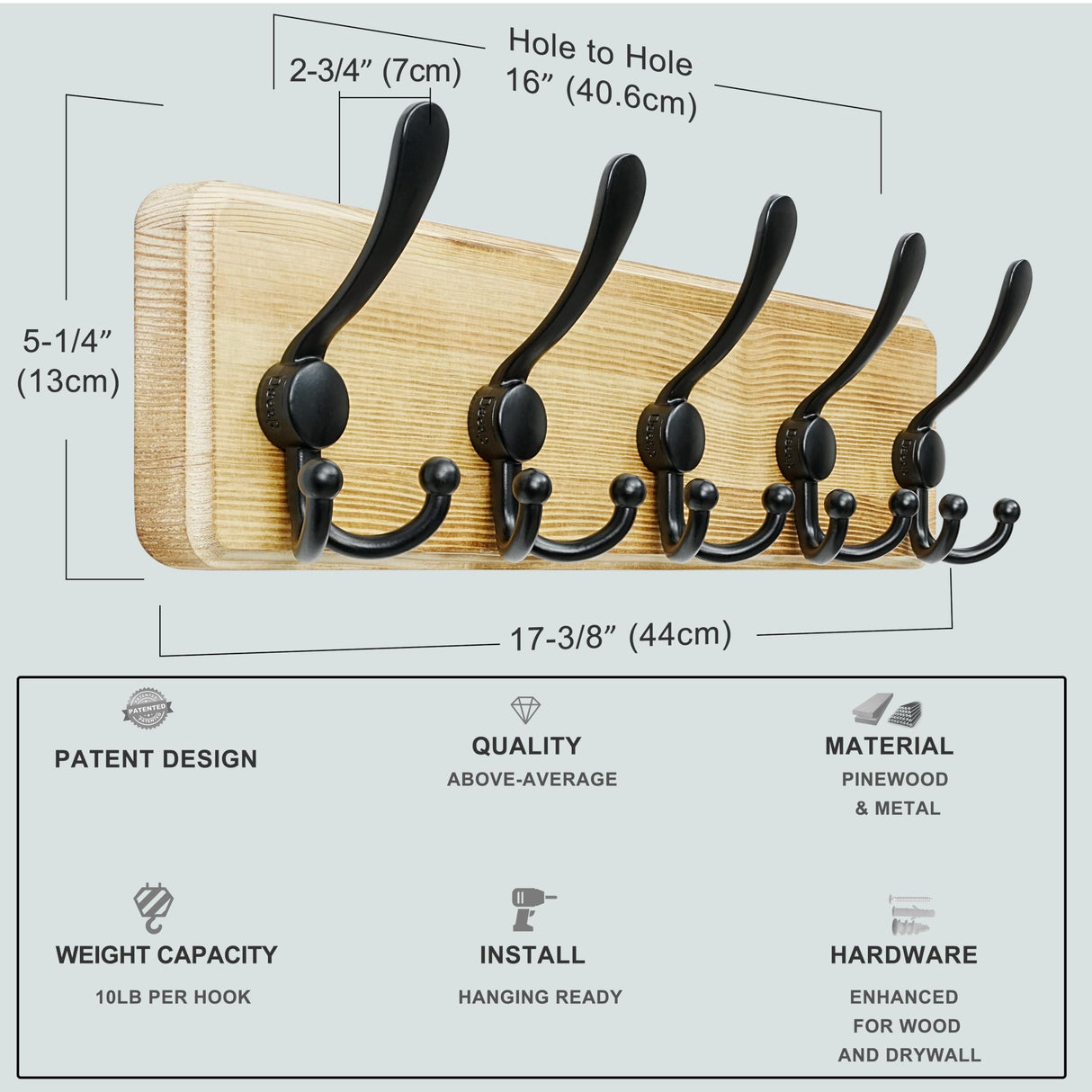 Dseap Coat Rack Wall Mounted - 5 Tri Hooks, Heavy Duty, Wooden Wall Coat Hanger Coat Hook for Clothes Hat Jacket Clothing, Natural & Black Dseap