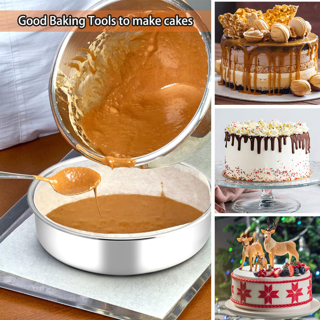 8 Inch Cake Pan Set, 3 Pcs P&P CHEF Round Baking Pans Stainless Steel Layer Birthday Wedding Cake Pans, Fit Oven/Pots/Pressure Cooker, Non Toxic & Heavy Duty, Dishwasher Safe P&P CHEF