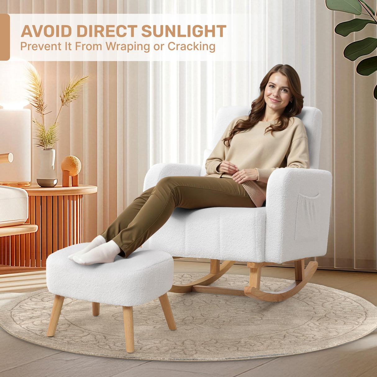 HCHAIRH Rocking Chair with Ottoman, Upholstered Nursing Glider Rocker with High Backrest and Side Pocket, Comfy Reading Chair with Solid Wood Legs for Nursery/Living Room/Bedroom White HCHAIRH