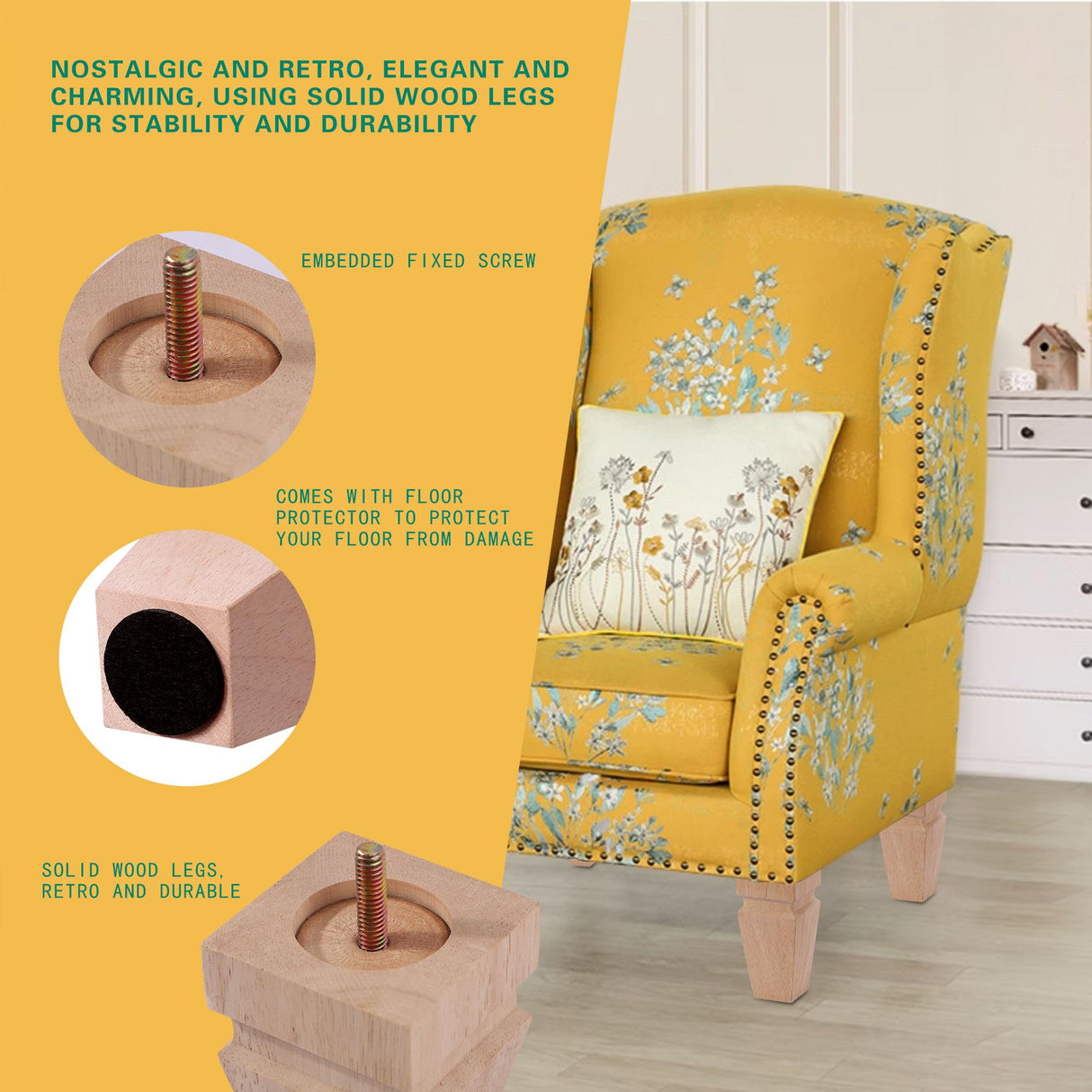 Square Wood Furniture Legs Set of 4 - Wooden Replacement Feet for Couch, Bed, Bench, Dresser, Rubber Wood Parts for Table, Sofa, Wooden Legs Chairs Complete with Installation Hardware, 4 inch Natural Texphw