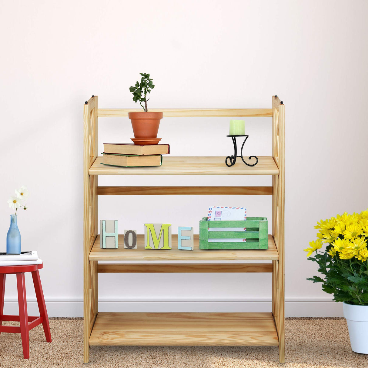 Casual Home Montego 3-Shelf Folding Bookcase, Natural , 27.5" Wide Casual Home