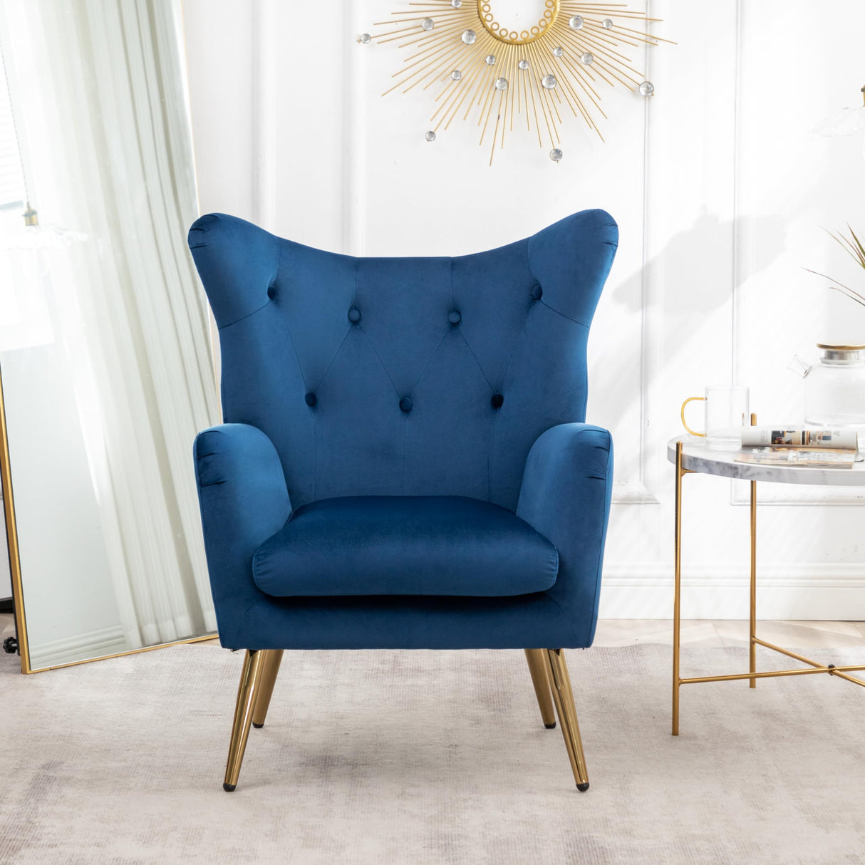 Roundhill Furniture Sovarol Velvet Button-Tufted Wing Back Accent Chair, Blue Roundhill Furniture