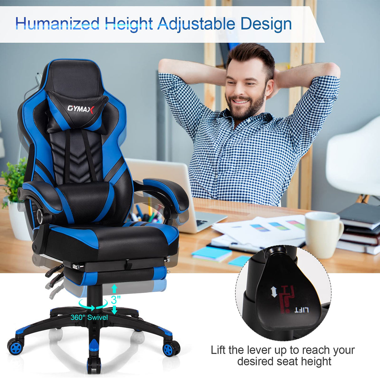Blue Gaming Chair Ergonomic Computer Chair for Adults Teens Reclining Gamer Chair High Back Game Chair Racing Style Desk Chair with Retractable Footrest, Lumbar Support and Headrest TOMANOR
