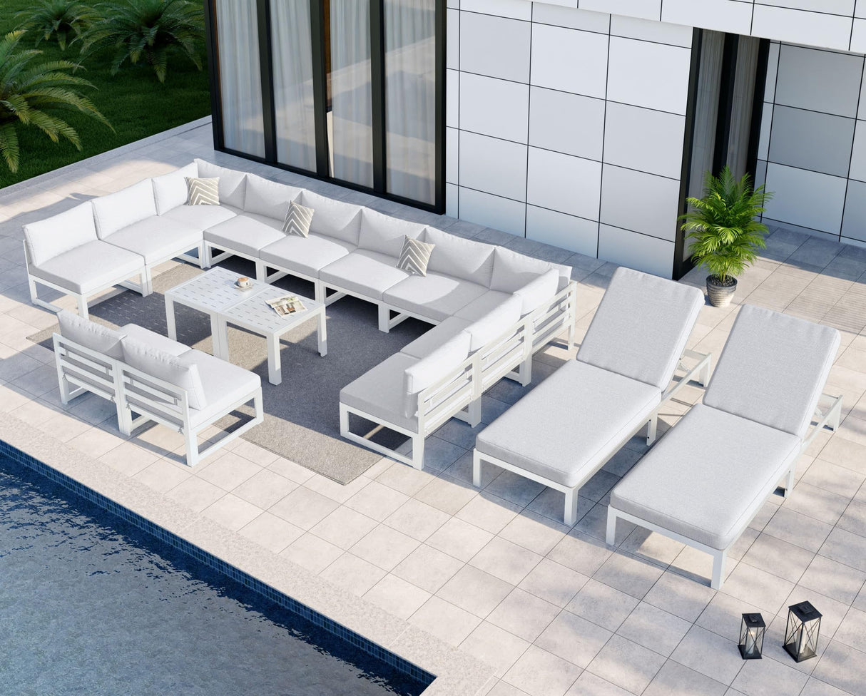 NICESOUL Extra Large Aluminum Patio Furniture Set with Chaise Lounge, All-Weather 29" Wide Seats Outdoor Sofa Conversation Set, 16 Piece Modern Sectional Couch for 14 Seats, for Garden, Light Gray NICESOUL