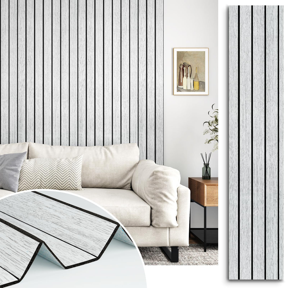 STICKEEP White/Grey 3D Wood Slat Panels for Walls Peel and Stick PVC Slat Wall Paneling Soundproof Self Adhesive Faux Wooden Slatted Panel for Wall Decor Interior Living Room Bedroom 120"x 12" STICKEEP