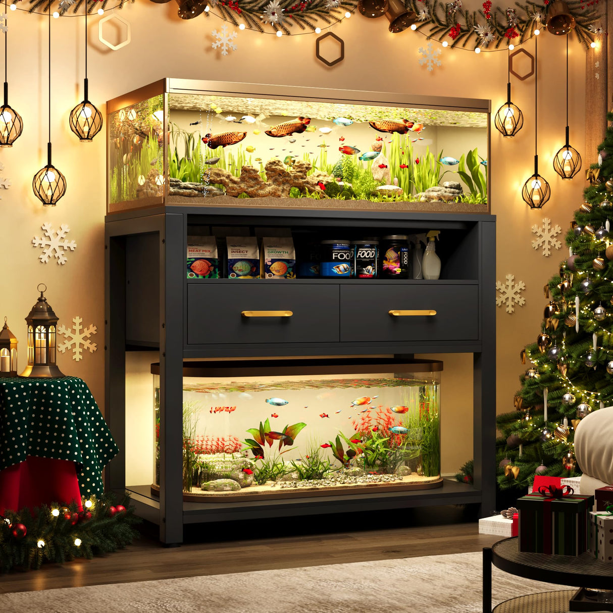 40-50 Gallon Aquarium Stand with Stable Metal Frame & Power Outlet, Heavy-Duty Fish Tank Stand with Waterproof Mat, 800LBS Capacity Storage Cabinet, Suitable for Turtle Tank, Reptile Terrarium, Black EOSVALO