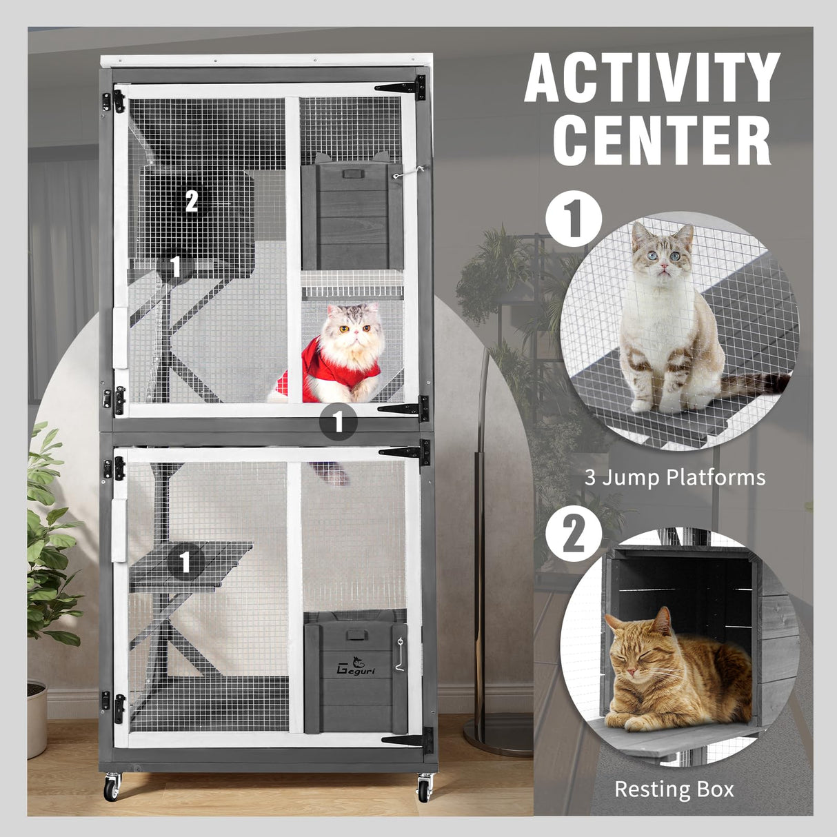 GEGURI Cat Catio Outdoor Cat Enclosure, Large Wooden Kitten Patio Indoor with Upgraded Resting Box, Waterproof Roof GEGURI