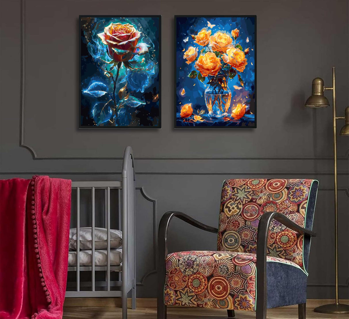 2 Pack Paint by Number Kit 16x20inch Adults Rose Flower Paintings, DIY Acrylic Painting Set with Glowing Rose Orange Roses in Vase, Creative Art Kit for Home Decor and Relaxation Generic