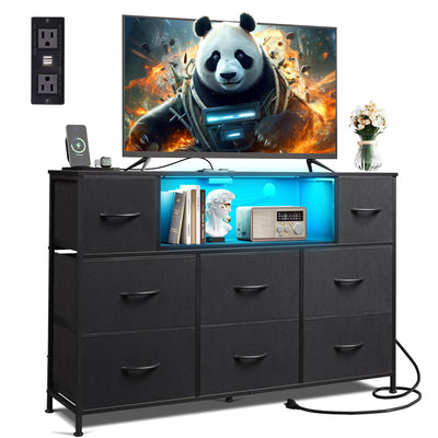 WLIVE Black Dresser for Bedroom, TV Stand for Bedroom for 55 inch TV with Charging Station and LED Lights, Fabric Chest of Drawers with Open Shelves, 8 Drawers Dressers for Living Room, Closet