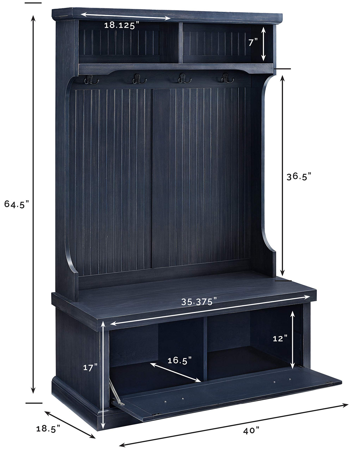 Crosley Furniture Seaside Hall Tree with Shoe Rack Bench and Coat Hooks for Hanging Storage, Distressed Navy Crosley Furniture