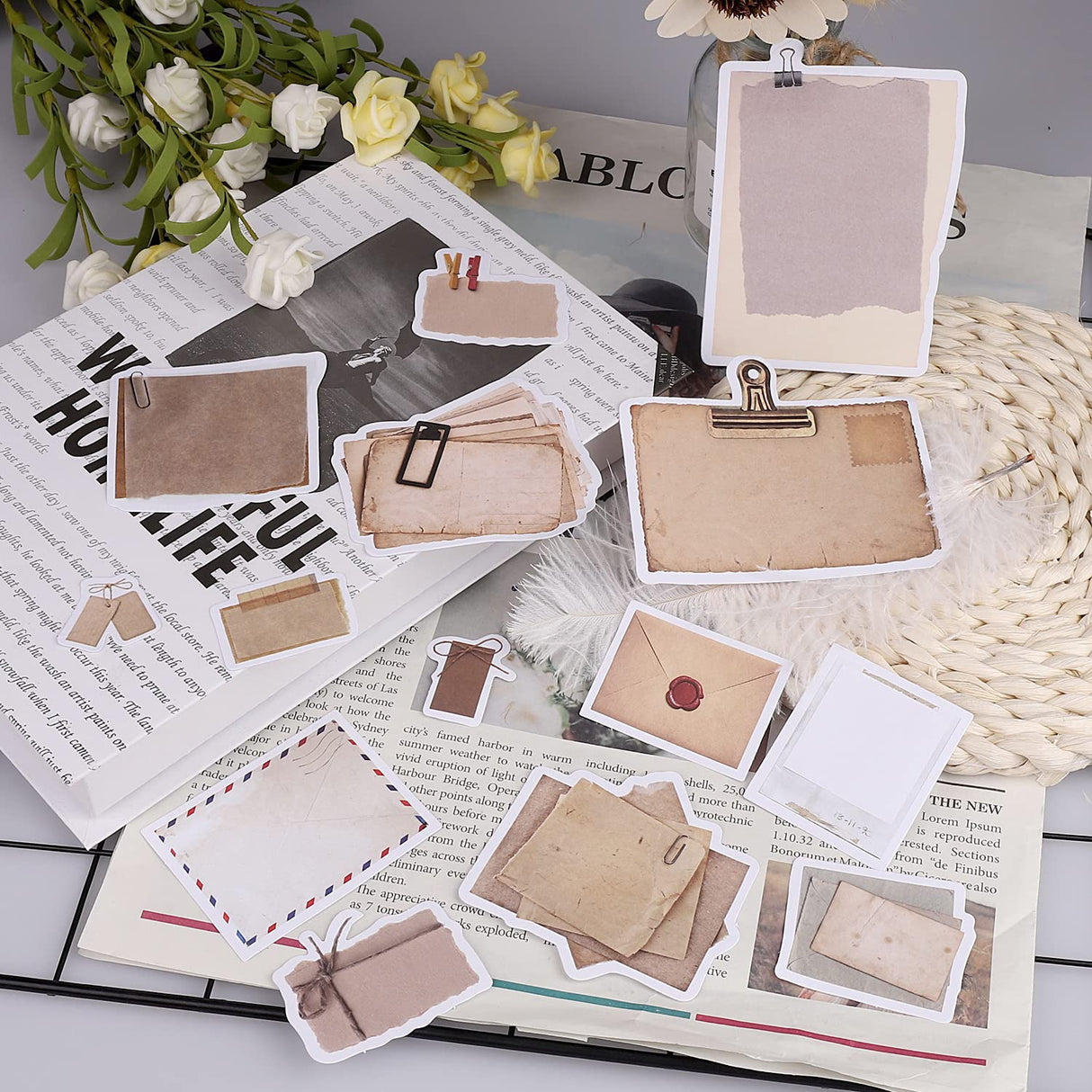 Vintage Scrapbook Paper Stickers, 90 Pcs Antique Looking Aged Paper Classic Old Writing Sticker for Scrapbook, Planner, Craft (2 Styles) Pengxiaomei