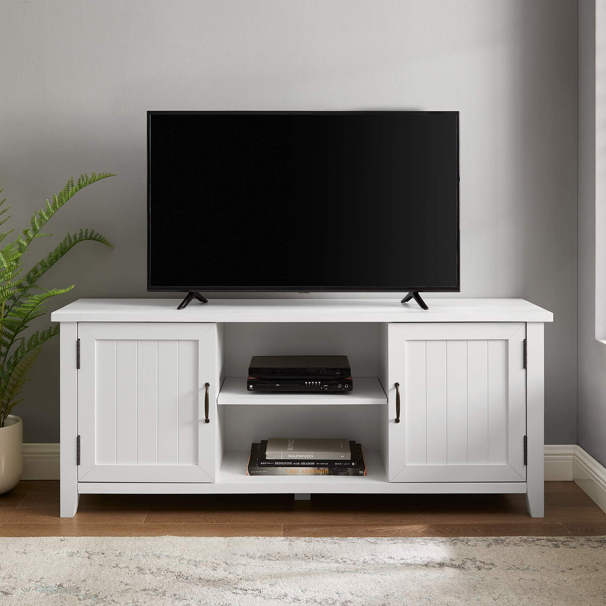 Walker Edison Buren Classic Grooved Door TV Stand for TVs up to 65 Inches, 58 Inch, Solid White Walker Edison
