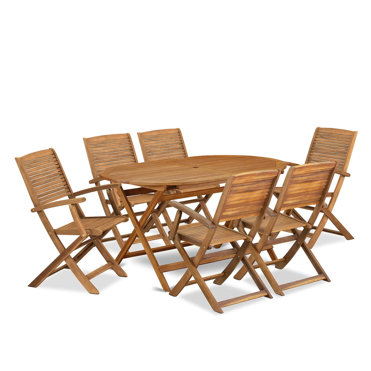 East West Furniture Diboll 7 Piece Patio Dining Set Includes an Oval Outdoor Acacia Wood Table and 6 Folding Arm Chairs, 36x60 Inch, Natural Oil East West Furniture