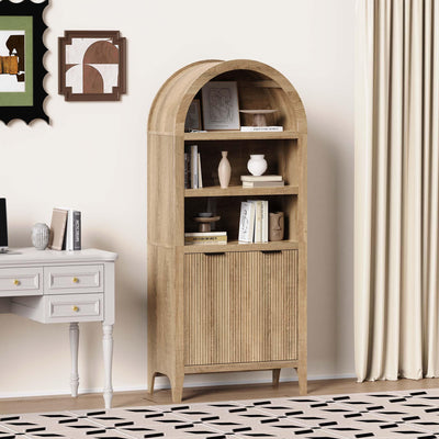 blini Arched Cabinet Bookshelf Arch Bookcase with Doors, Wooden Oak Curved Book Case 5-Tier Tall Round Top Bookshelves for Living Room