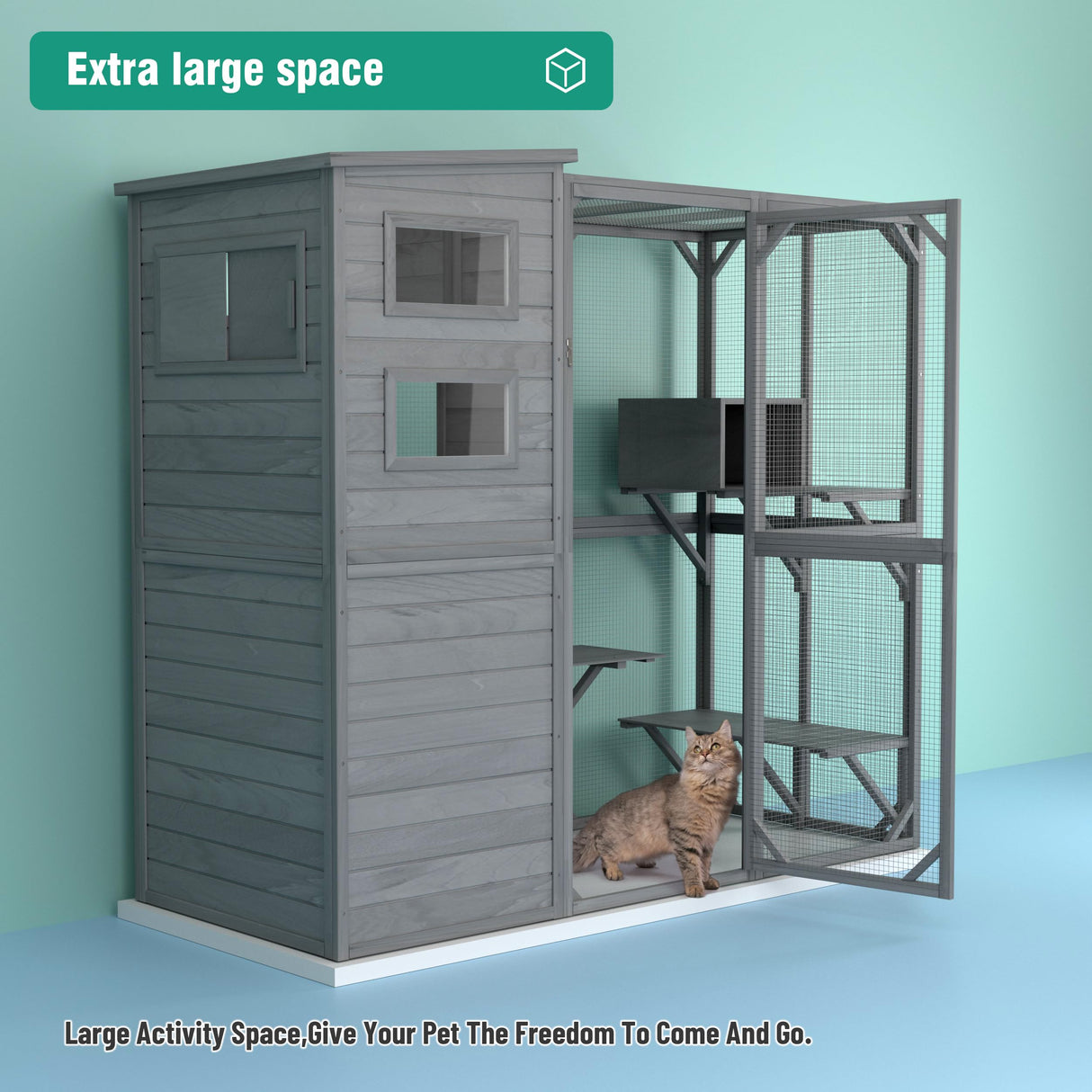 Large Outdoor Cat Catio Enclosure with Weatherproof Roof, Sunshade, and Multiple Play Areas - 4 Tiers, 1 Resting Rooms, 4 Platforms, 5 Windows - 75.6" L x 32.3" W x 70" H GRTRE