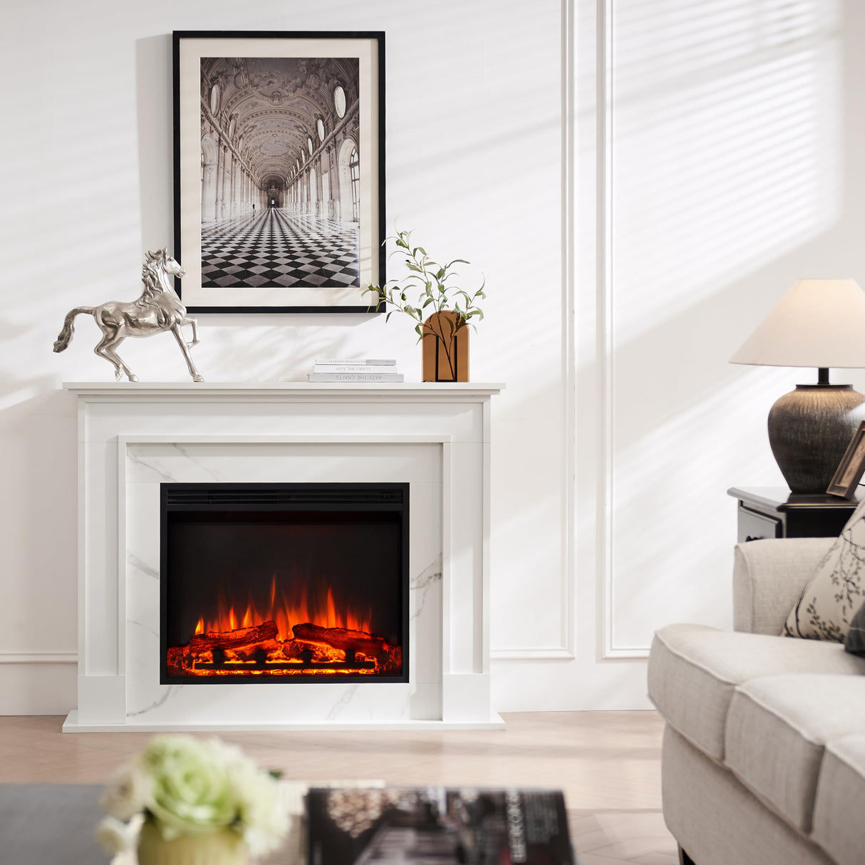 LegendFlame Fireplace Suite Cathrine, 47 Inch Mantel Surround, Cream White with Snow White Marble Finish, with 26 Inch Electric Fireplace Insert, 750W/1500W Heater, Weekly Timer, Remote Control Legend Flame