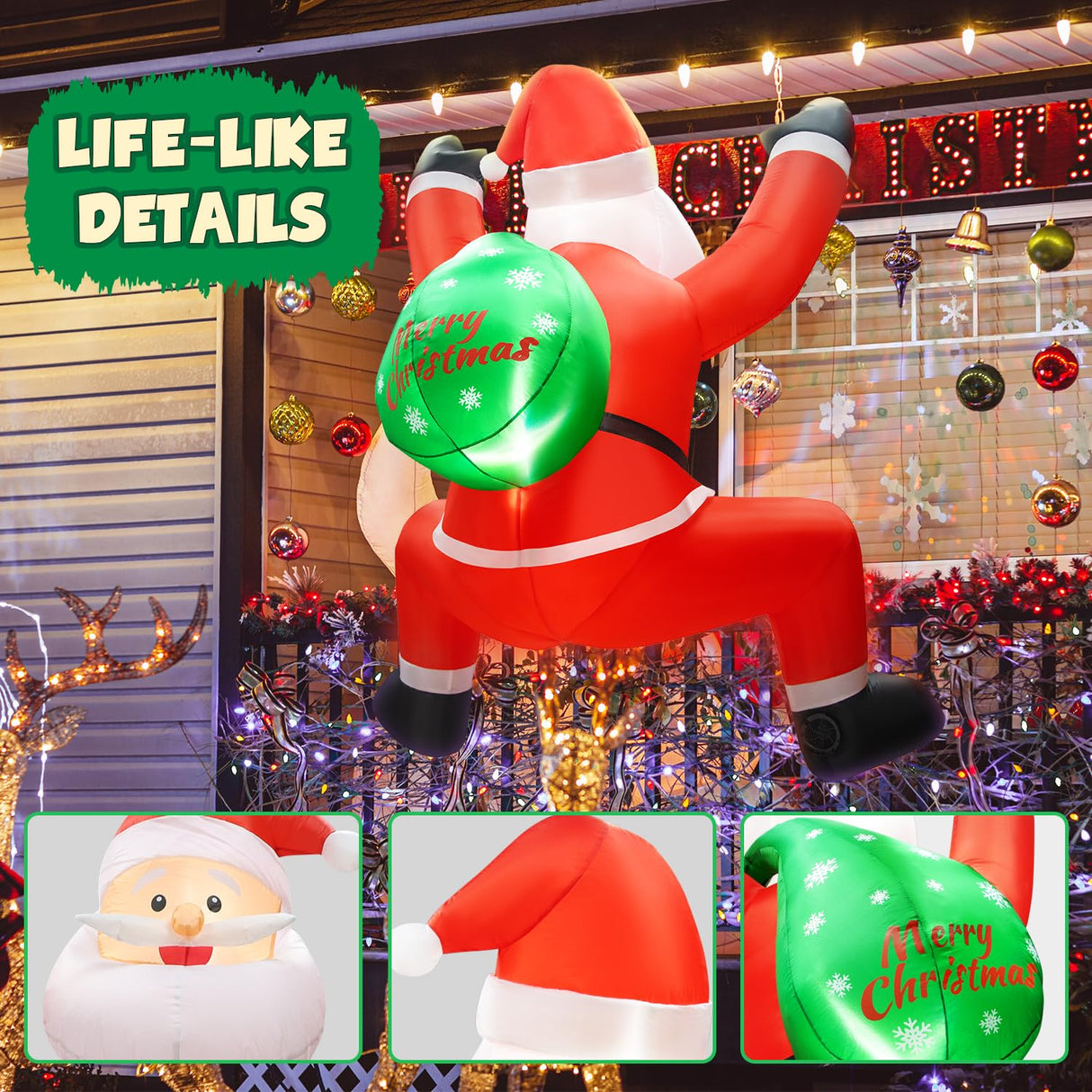 6FT Christmas Inflatable Decorations Hanging Santa Built-in Bright LEDs, Climbing Santa Claus with Gift Bag Christmas Roof Blow Up Yard Inflatables Decoration for Window Wall Outdoor Xmas New Year zukakii