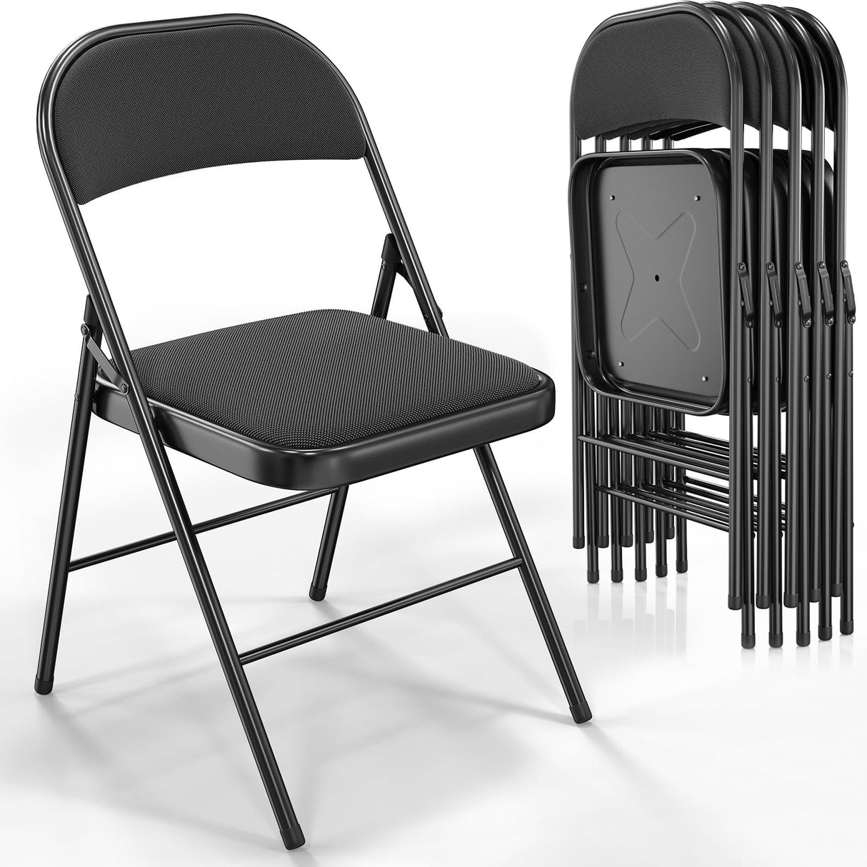 VINGLI Folding Chairs with Padded Seats, Metal Frame with Fabric Seat & Back, Capacity 350 lbs, Black, Set of 6 VINGLI
